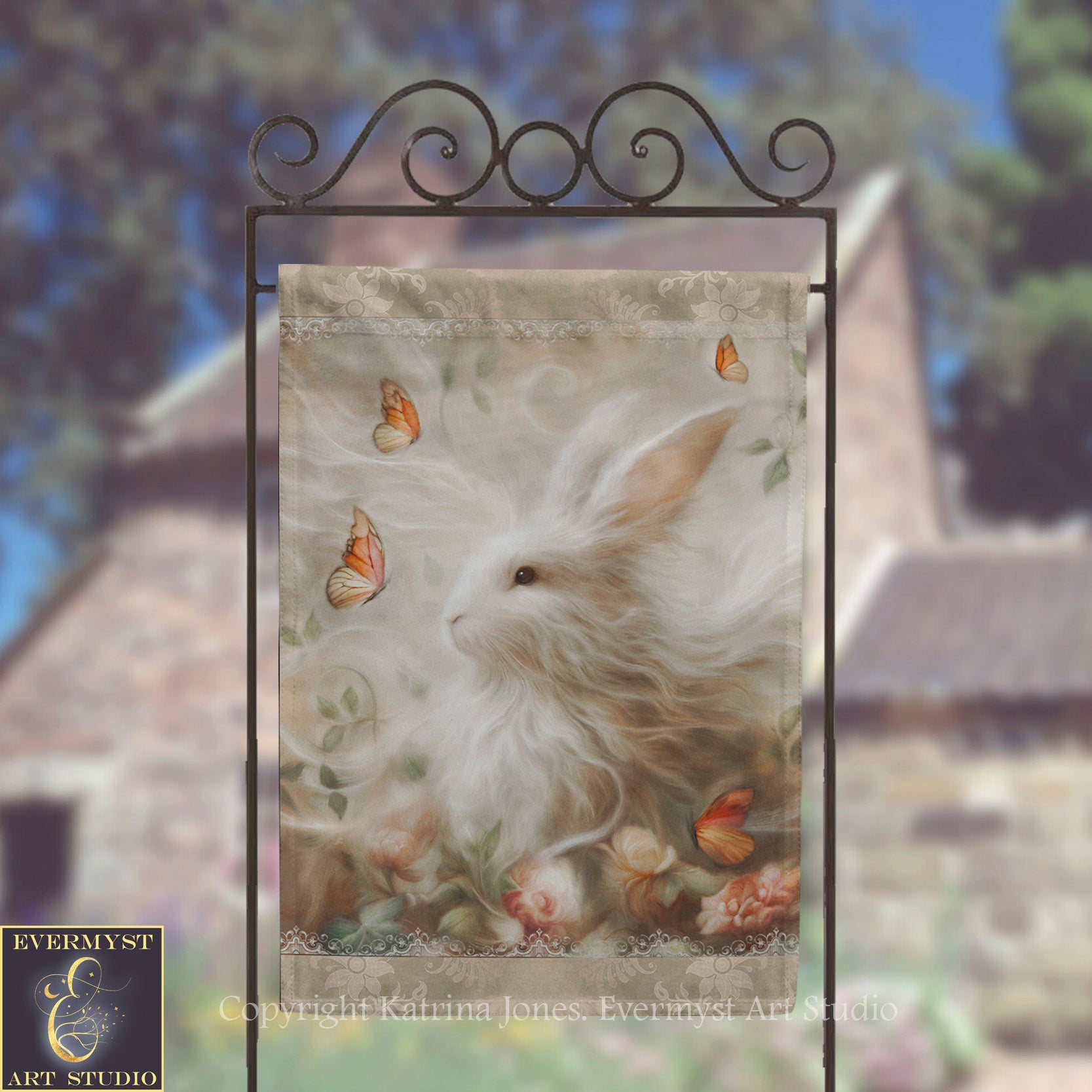 a white rabbit with a floral background, surrounded by butterflies, displayed on a banner.