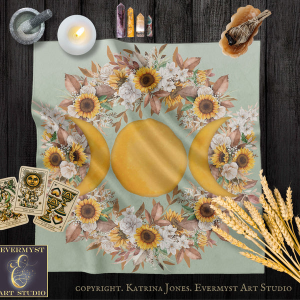 The image is a vibrant and colorful depiction of the triangulation of the sun, moon, and earth, surrounded by a floral arrangement and various objects.