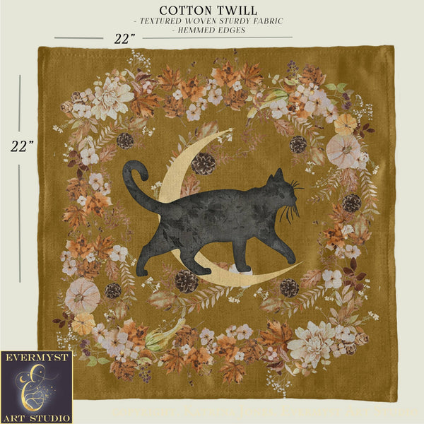 a black cat walking on a crescent moon, surrounded by a floral wreath.