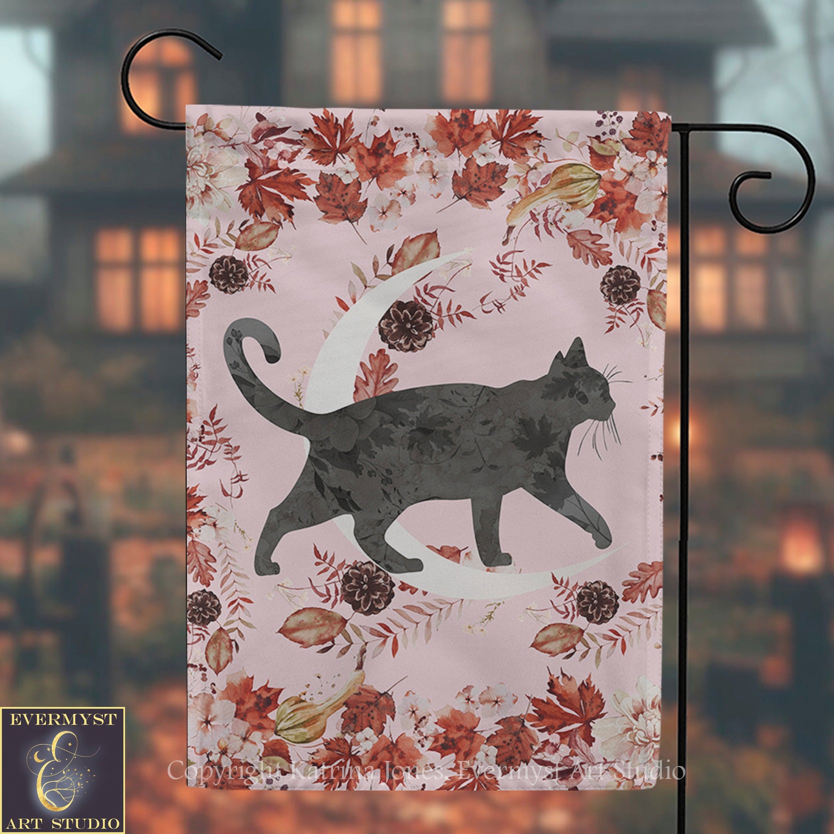 A banner featuring a black cat silhouette against a floral background, with a crescent moon and autumn leaves.