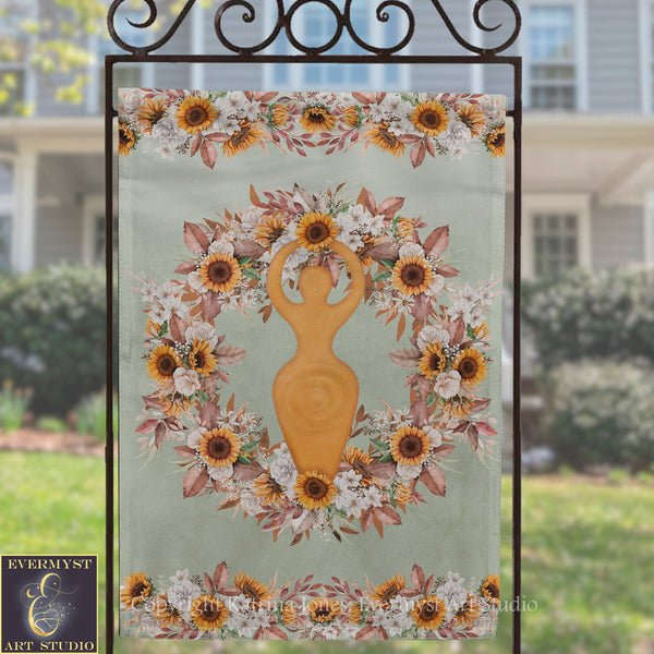 a banner with a sunflower design and a figure of a woman, surrounded by a wreath of flowers.