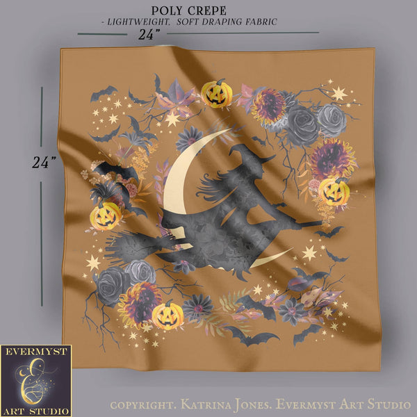 The image is a square-shaped piece of fabric with a Halloween-themed design featuring a witch on a broomstick, pumpkins, flowers, and bats.