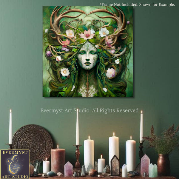 The image is a framed artwork depicting a woman with a green, floral headdress and long hair, surrounded by flowers and candles.