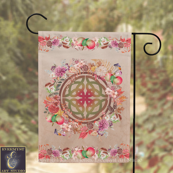 A banner with a circular design featuring a Celtic knot surrounded by various colorful flowers and fruits, such as apples and pears, against a blurred natural background.