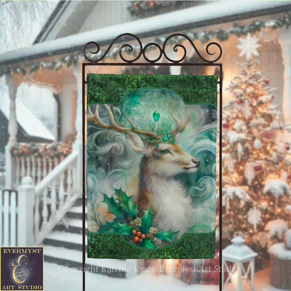 a large, detailed painting of a deer with a crown, set against a snowy background with a Christmas tree and a house visible in the background.
