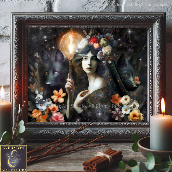 The image is a framed artwork depicting a woman with a staff surrounded by a wolf and a flower, set against a starry night sky background.