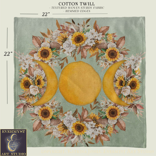 The image is a square print featuring a floral design with sunflowers, crescent moons, and leaves. The print is described as a "Cotton Twill" with a textured woven stiff fabric, and it has a 22-inch size.