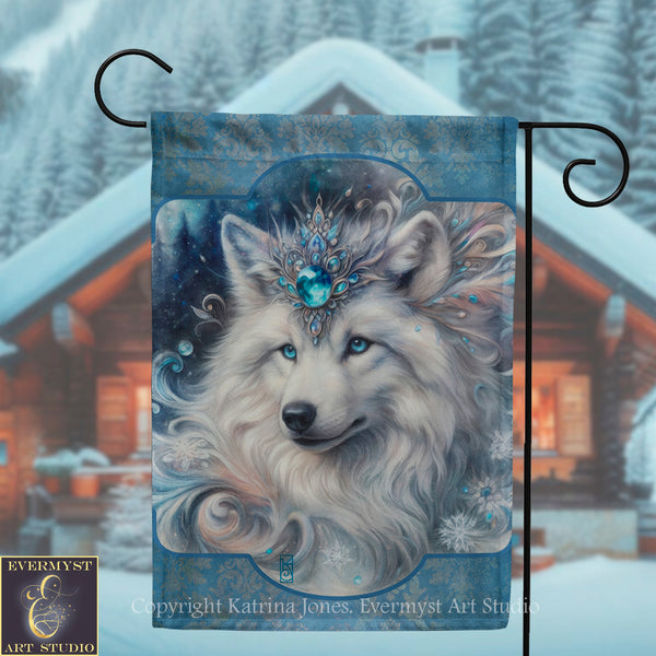 A banner featuring a close-up of a wolf's face with a crown-like headdress, set against a snowy winter landscape with a cabin in the background.