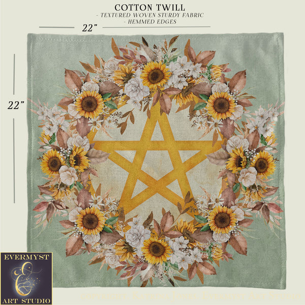 a square-shaped textile with a floral design and a star-shaped motif. The design includes sunflowers, leaves, and other flowers arranged around the star. The text "COTTON TWILL" and "22" are visible, indicating the size and material of the textile.