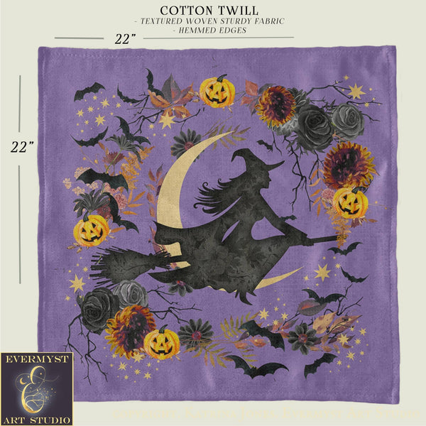 The image is a vibrant and detailed illustration of a witch on a broomstick flying through a night sky filled with bats, pumpkins, and flowers.