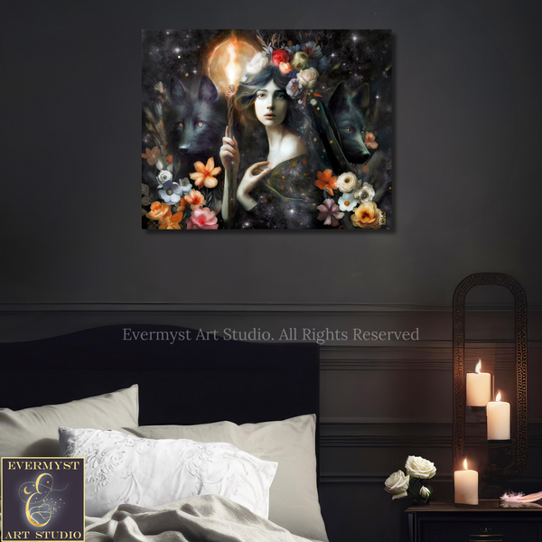 a bedroom scene with a large painting of a woman surrounded by flowers and a wolf on the wall above a bed with white pillows.