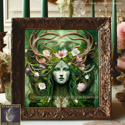 The image is a framed artwork depicting a woman with a green, floral headdress and a white face, surrounded by flowers and leaves.