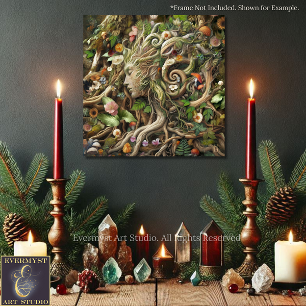a large, detailed painting of a woman's face surrounded by a lush, forest-like background with various plants and flowers. The painting is displayed on a wall, with two red candles and pine cones arranged in front of it. The overall scene appears to be a festive or spiritual setting, with the candles and pine cones adding a warm, natural touch to the composition.