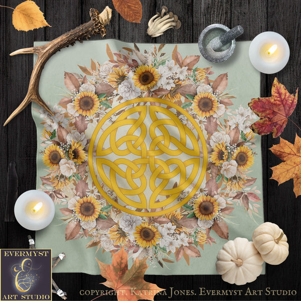 a vibrant and intricate Celtic knot design surrounded by a variety of autumnal elements, including sunflowers, leaves, pumpkins, and candles.