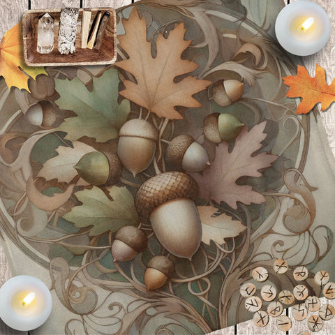 a picture of a table with candles and autumn leaves