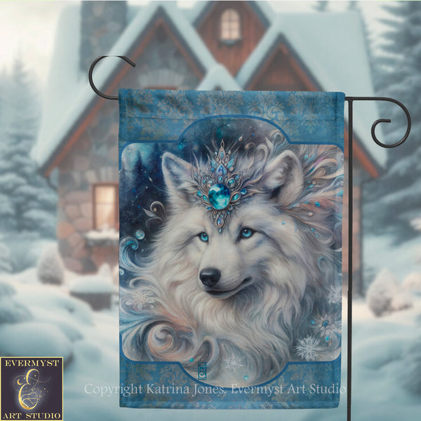 A detailed illustration of a wolf's face with a crown of jewels, set against a snowy winter landscape with a house in the background.