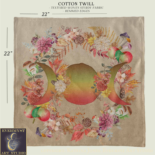 The image is a square print featuring a vibrant floral design with a central motif of three moons surrounded by various flowers and leaves. The print is described as a "Cotton Twill" with a "Textured Woven Sturdy Fabric" and "Hemmed Edges" design. The print is 22 inches wide and 22 inches tall.