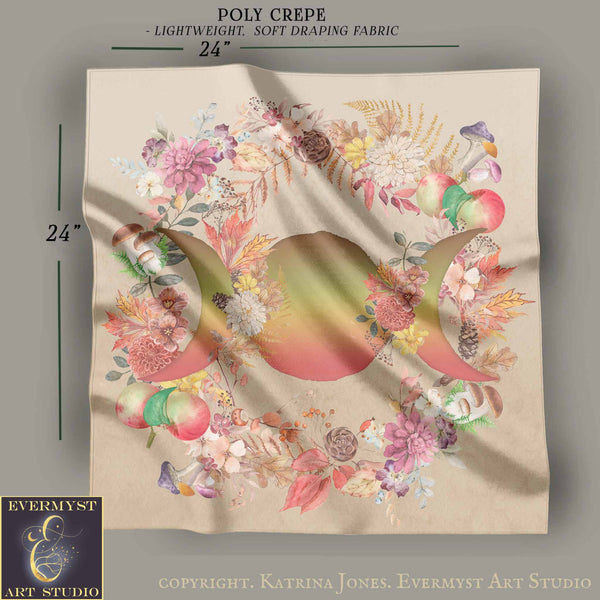 The image is a square with a floral design featuring three crescent moons surrounded by various flowers and leaves. The design is set against a light beige background.