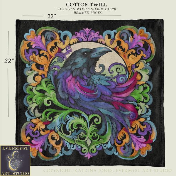 The image is a square with a large, colorful bird, possibly a raven, surrounded by intricate, ornate designs in shades of purple, green, and orange. The bird appears to be in flight, with its wings spread wide. The background is black, providing a stark contrast to the vibrant colors of the bird and the designs. The image is described as a square with a 22-inch border, and it is a textile with a textured woven fabric.