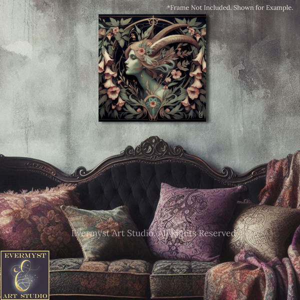 a large, ornate, and intricately designed couch with a floral and nature-inspired design. Above the couch, there is a framed artwork depicting a woman with horns and a green face, surrounded by flowers and foliage. The overall scene creates a harmonious and visually appealing interior design.