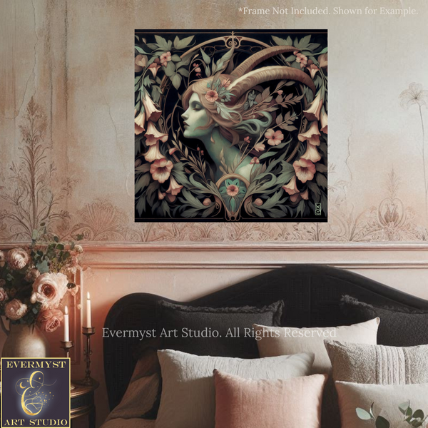 a large, ornate painting of a woman's face with horns and a floral design, hanging on a wall above a couch.