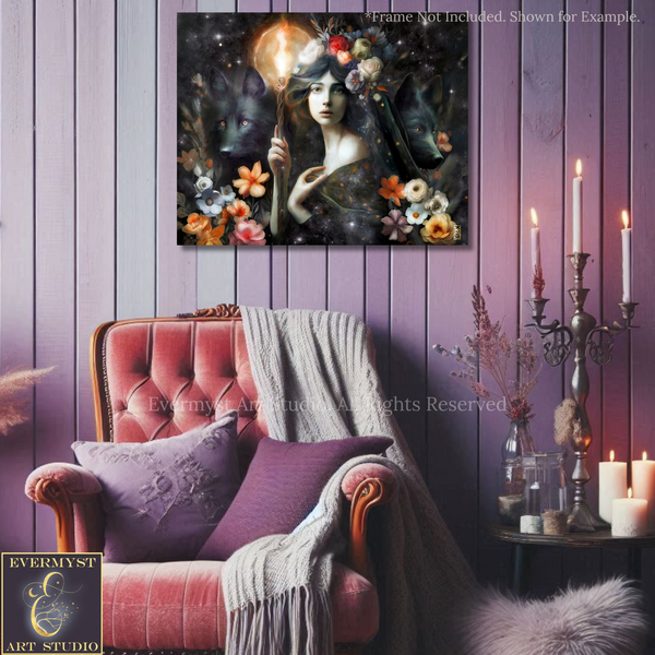 a cozy and inviting living space with a plush red velvet armchair, a wooden side table with a vase of flowers, and a framed artwork depicting a woman with a lantern in her hand.