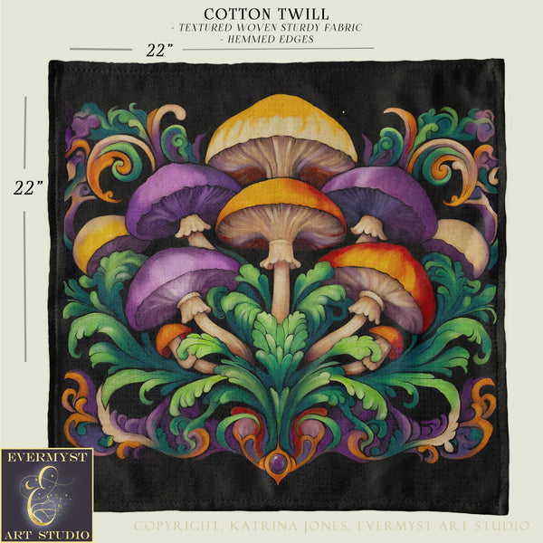 The image is a square-shaped artwork featuring a detailed and intricate design of various mushrooms and plants. The artwork is described as a "Cotton Twill" with textured woven sturdy fabric, and it has a size of 22 inches. The artwork is created by Evernst ART STUDIO.
