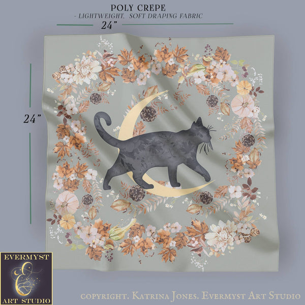 The image is a square with a black cat silhouette on a crescent moon surrounded by a wreath of flowers and leaves.