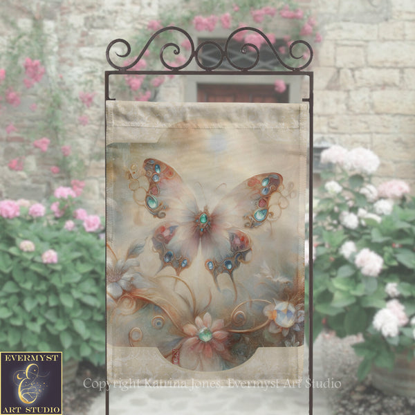 a decorative banner with a butterfly design, placed in front of a stone wall with pink flowers.