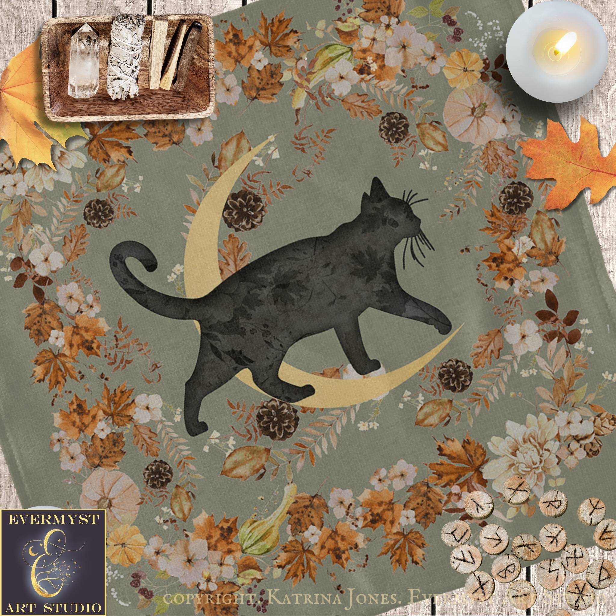 a black cat silhouette against a floral background, surrounded by autumn leaves and pine cones.