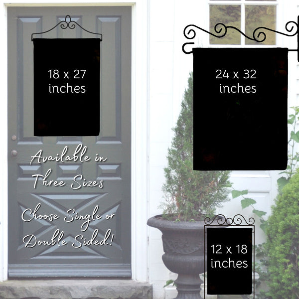 The image is a door with a sign hanging on it, providing information about the available sizes of the sign.