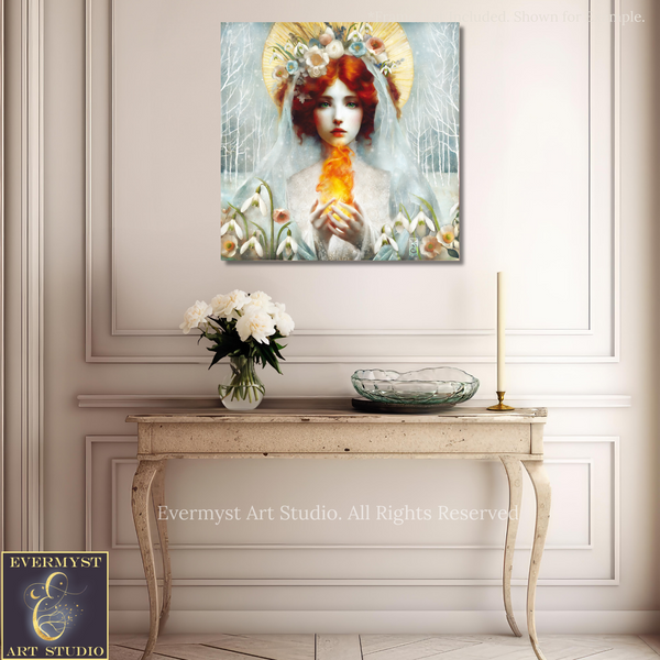 a painting of a woman with red hair and a halo, surrounded by flowers and a vase, hanging on a wall above a small table with a bowl and a candle.