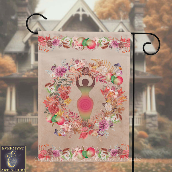 A banner featuring a colorful floral design with a central figure holding a spiral-shaped object, set against a blurred background of a house and trees.