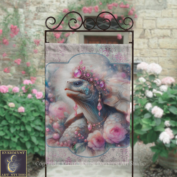 a decorative banner with a whimsical illustration of a turtle adorned with a crown of flowers, set against a backdrop of pink flowers and greenery.