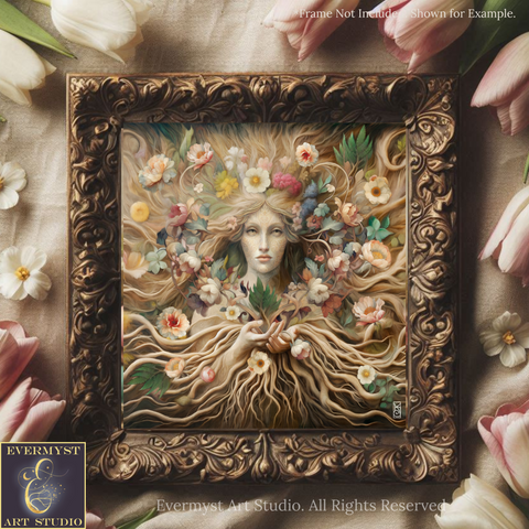 a painting of a woman surrounded by flowers