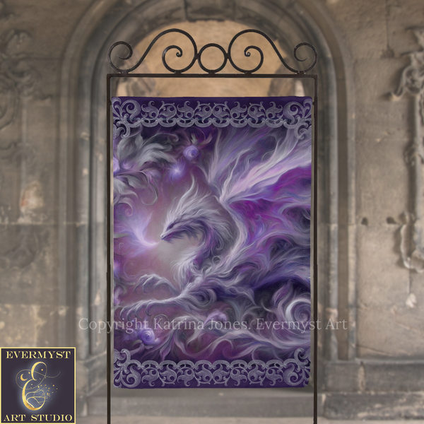 a large, vibrant painting of a purple dragon with flowing, ethereal wings. The dragon is depicted in a dynamic pose, with its wings spread wide and its body twisted in an impressive display of power and grace. The painting is set against a backdrop of a stone archway, adding a sense of grandeur and majesty to the scene. The dragon's purple color contrasts beautifully with the stone archway, creating a striking visual effect.