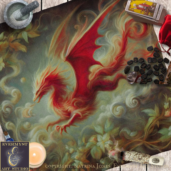 Dragon Altar Cloth or Tarot Mat - Red Mythic Creature Altar Tarot Witch Decor