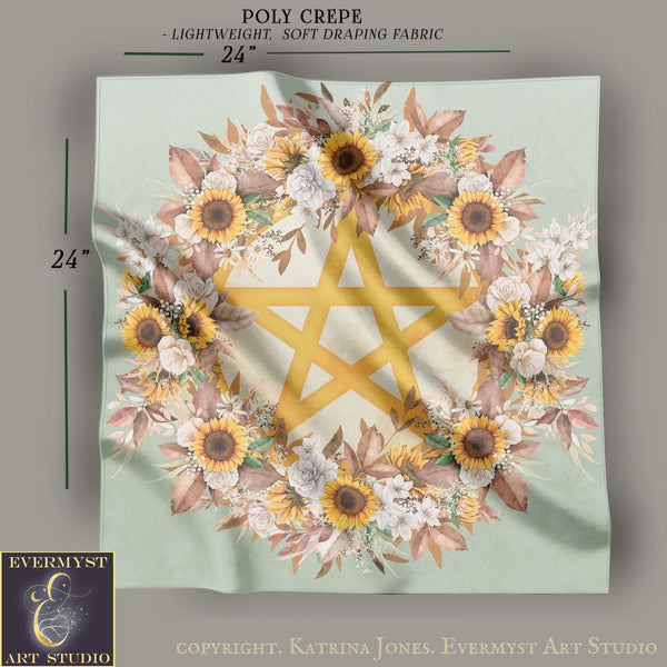 a square-shaped fabric with a floral design and a star-shaped design. The floral design includes sunflowers and other flowers, while the star-shaped design is yellow and has a star at the center. The fabric appears to be made of a lightweight, soft-draping fabric, and the image is described as a 24-inch square.