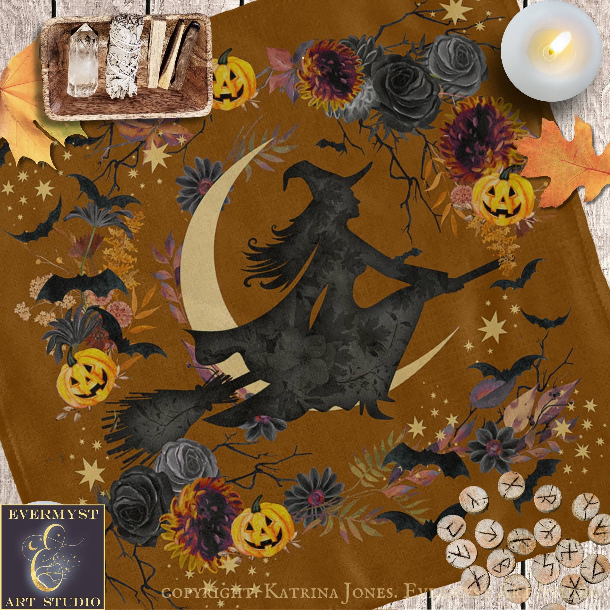 The image is a Halloween-themed collage featuring a witch on a broomstick, surrounded by various Halloween-related elements such as pumpkins, bats, flowers, and crystals.
