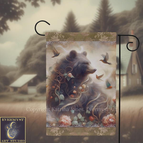 a large, detailed painting of a bear surrounded by flowers and birds, set against a blurred natural background.