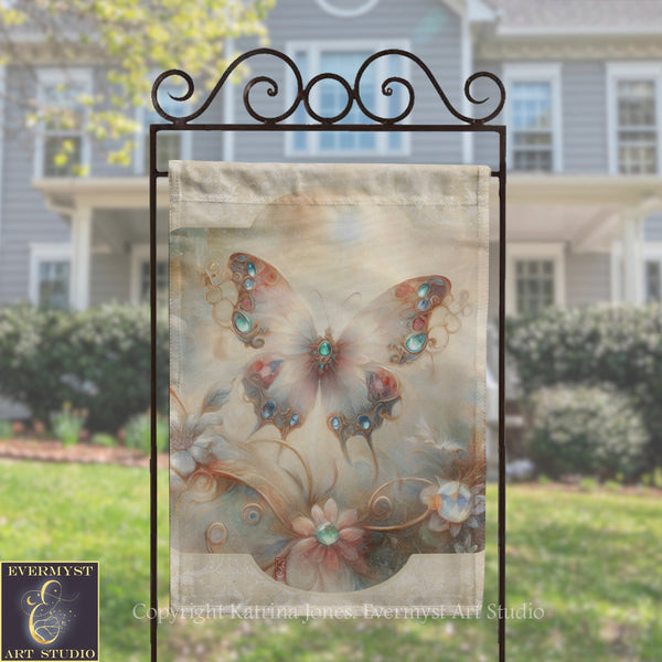 a banner with a butterfly design, displayed on a metal stand in front of a house.