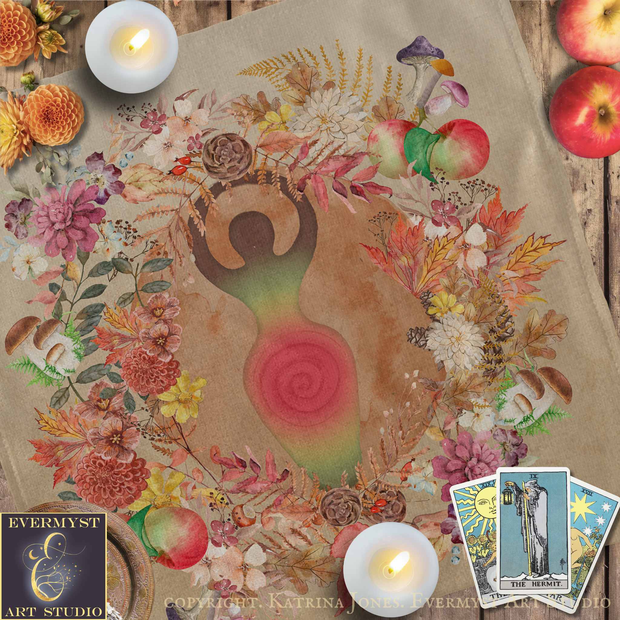 The image is a vibrant and colorful collage featuring a central design surrounded by various flowers, mushrooms, and other natural elements. The collage is set against a rustic wooden background, and there are two lit candles and a tarot card visible in the scene.