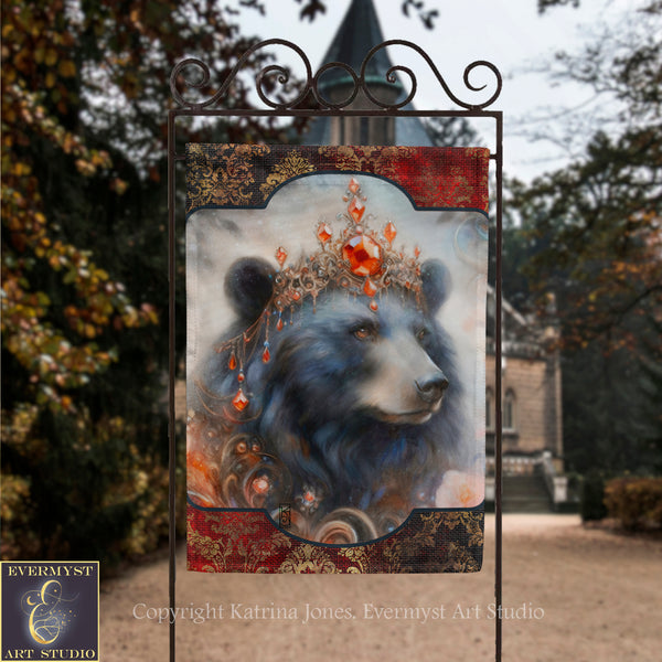 a large, detailed painting of a bear wearing a crown, with intricate designs and patterns surrounding it. The bear is the central focus of the artwork, which is displayed on a metal frame. The background of the painting includes a castle or building, adding a sense of grandeur and majesty to the scene.