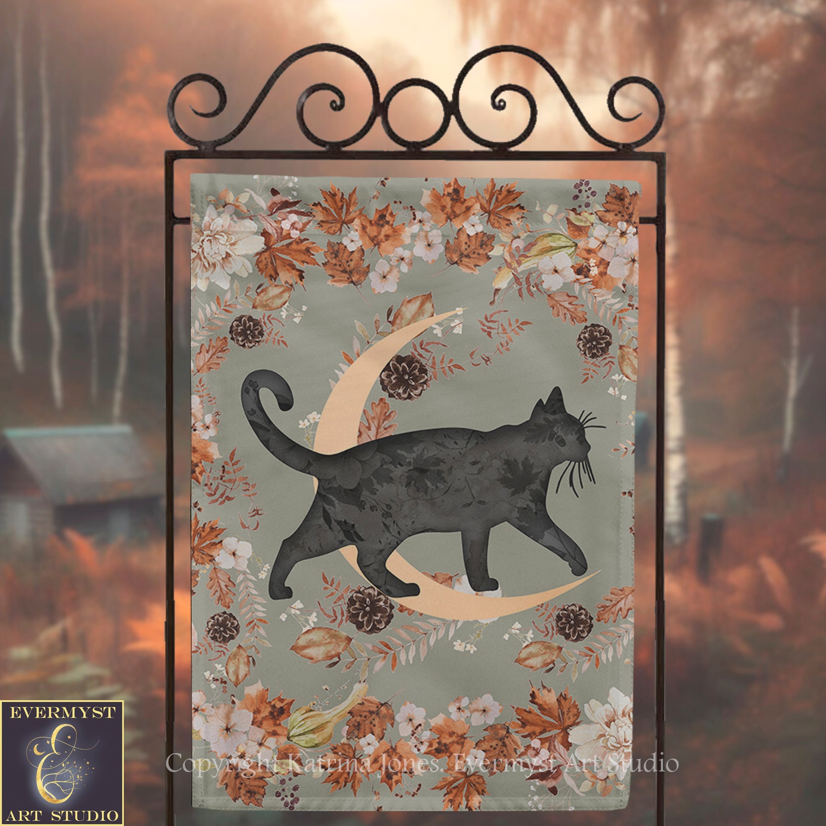 a black cat walking on a crescent moon, surrounded by autumn leaves and pine cones, with a blurred forest in the background.