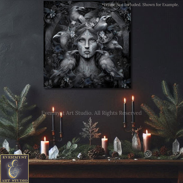 a dark, moody scene with a central figure of a woman surrounded by birds and flowers. The background is dark, creating a sense of mystery and intrigue. The scene is further enhanced by the presence of candles and pine cones, adding to the overall ambiance. The image is a collage of various elements, including a framed artwork, pine cones, candles, and a dark background. The phrase "EVERMYST ART STUDIO" is visible, indicating the source or artist of the image.