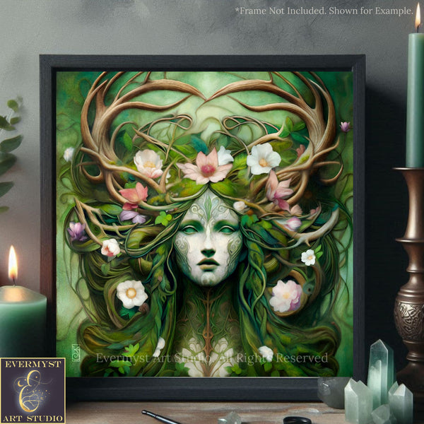 The image is a framed artwork depicting a woman with a green face surrounded by flowers and plants.