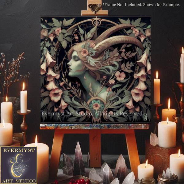 a framed artwork depicting a woman with horns and a green face, surrounded by flowers and candles, with the text "EVERMYST ART STUDIO All Rights Reserved" and "EVERMYST ART STUDIO" visible.