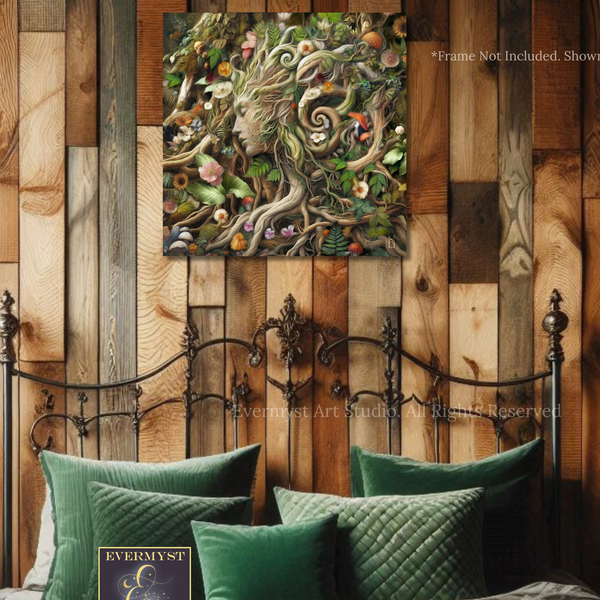 a bedroom setting with a bed and a wooden wall. The bed has green pillows and a metal headboard. Above the bed, there is a framed artwork depicting a woman's face surrounded by a lush, green forest. The artwork is framed with a metal border and is hanging on the wooden wall.