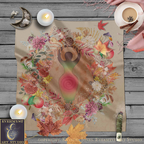 a vibrant and colorful illustration of a female figure surrounded by a variety of flowers, leaves, and mushrooms. The artwork is displayed on a wooden surface, with candles and other decorative items scattered around it.