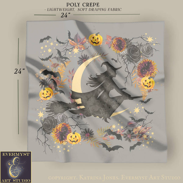 The image is a square with a Halloween-themed design featuring a witch on a broomstick, pumpkins, flowers, and bats.